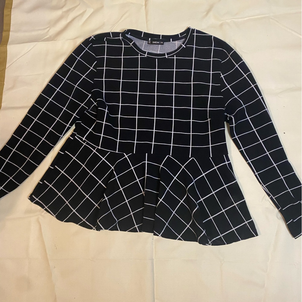 SHEIN Black and White Checkered Peplum Blouse
